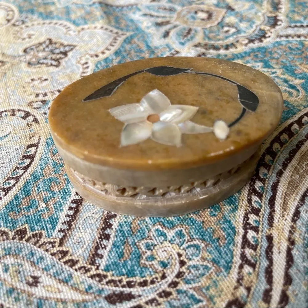 Carved Soapstone Trinket Box Mother of Pearl Inlay Oval Lattice Vintage